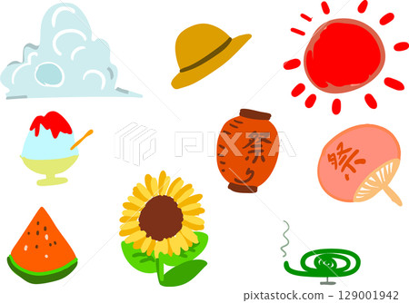 Summer item set. Cumulonimbus cloud, straw hat, sun, shaved ice, lantern, sunflower. Watermelon, mosquito coil, fan. 129001942