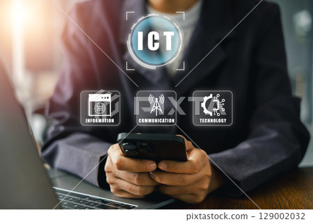 Illustration of ICT elements showcasing information, communication, and technology in a digital business setting. 129002032