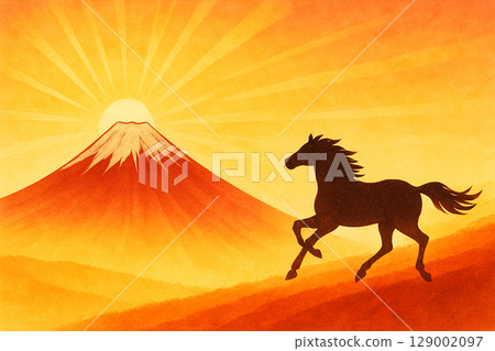 New Year's composition of a horse galloping with Mt. Fuji and the first sunrise in the background, Auspicious New Year background drawn with a dynamic horse and red Mt. Fuji, bathed in the morning sun New Year's composition of a horse galloping with Mt. Fuji and the first sunrise in the background, Auspicious New Year background drawn with a dynamic horse and red Mt. Fuji, bathed in the morning sun 129002097