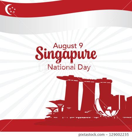 Singapore National Day August 9 with flag and landmark silhouette illustration. 129002235