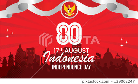 80th Indonesia Independence Day Poster with Garuda Emblem, Cityscape, and Wavy Ribbons on 17 August. 129002247