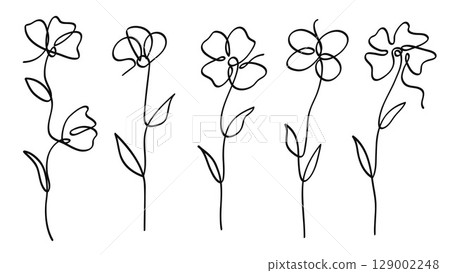 Single line art vector flower illustration collection.One continuous line art.Vector illustration 129002248