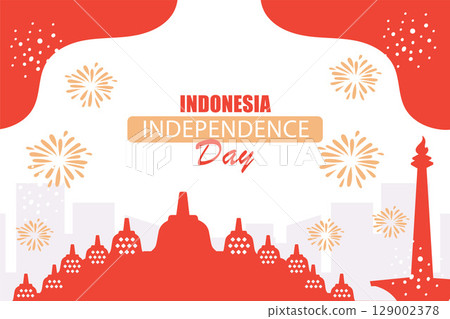 Indonesia Independence Day Flat Banner with Borobudur, Monas Silhouette, and Fireworks illustration. Indonesia Independence Day Flat Banner with Borobudur, Monas Silhouette, and Fireworks illustration. 129002378