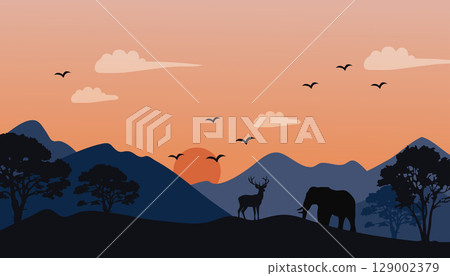 Flat Design Sunset African Wildlife Landscape with Silhouetted Animals and Trees. Vector Illustration. 129002379