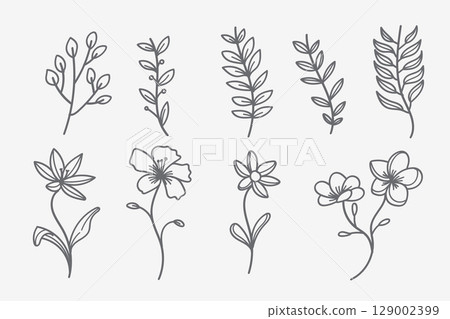 Vector set of doodle flower and leaf elements. Autumn and spring collection. Floral graphic design. Herbs, berries and wildflowers. Hand drawn vector botany set. Vector set of doodle flower and leaf elements. Autumn and spring collection. Floral graphic design. Herbs, berries and wildflowers. Hand drawn vector botany set. 129002399
