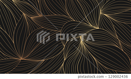 Abstract golden botanical leaves line pattern on black background. 129002436