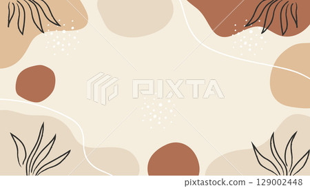 Modern brown beige organic shapes leaves line art hand drawn background. Vector illustration. 129002448