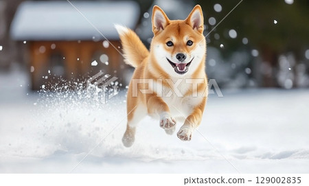 A Shiba Inu jumping and running energetically across the snowy fields 129002835