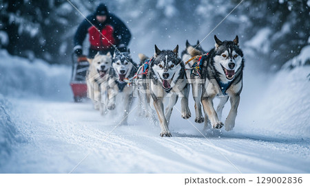A dog sled team and musher racing through the snow 129002836