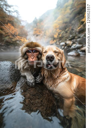 A monkey and a golden retriever soaking together in a hot spring 129002857