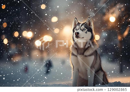 A fantastic profile of a Siberian husky standing in a snowy cityscape 129002865