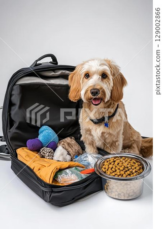 A smiling dog preparing for a trip and a set of pet supplies 129002866