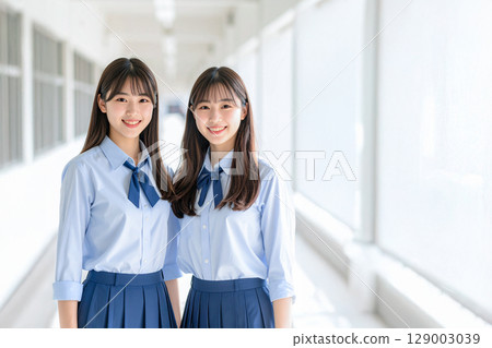 兩名女學生並肩站在走廊上 129003039