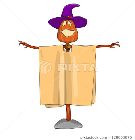 Halloween Scarecrow Lantern Jack pumpkin funny and cute. One of the symbols of the autumn holiday. Vector illustration. 129003070