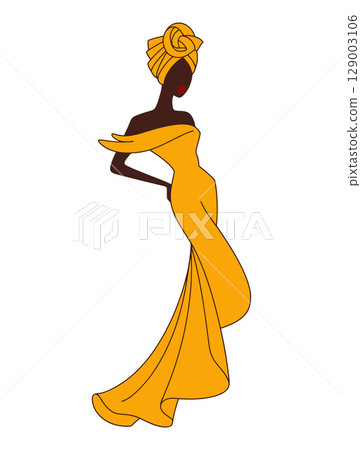 Elegant Woman in Flowing Yellow Dress Elegant Woman in Flowing Yellow Dress 129003106