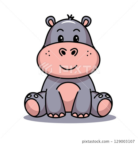 Cute Cartoon Hippo Sitting and Smiling 129003107