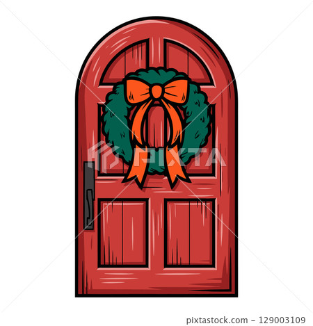 Red Arched Door with Christmas Wreath 129003109