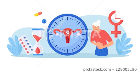Menopause and gynecology concept. Women climacteric. Woman suffering from menstrual pain. Patient treating with hormone replacement therapy. Biological clock with female organ, hourglass Menopause and gynecology concept. Women climacteric. Woman suffering from menstrual pain. Patient treating with hormone replacement therapy. Biological clock with female organ, hourglass 129003180