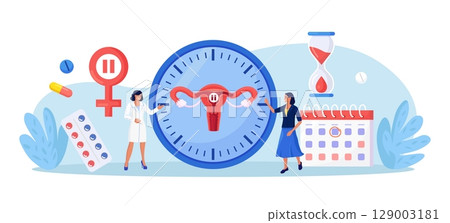 Menopause and gynecology concept. Women climacteric. Woman consulting with doctor about female health. Patient treating with hormone replacement therapy. Biological clock with female organ, calendar Menopause and gynecology concept. Women climacteric. Woman consulting with doctor about female health. Patient treating with hormone replacement therapy. Biological clock with female organ, calendar 129003181