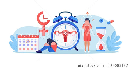 Menopause and gynecology, hormone replacement therapy. Women climacteric. Woman with menopause symptoms, including hot flushes, anxiety, low mood, headache. Character standing at her biological clock Menopause and gynecology, hormone replacement therapy. Women climacteric. Woman with menopause symptoms, including hot flushes, anxiety, low mood, headache. Character standing at her biological clock 129003182
