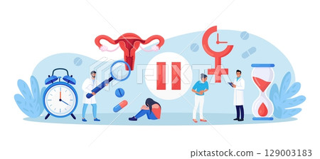 Menopause and gynecology. Women climacteric. Woman consulting with doctor about reproductive health problems. Patient treating with hormone replacement therapy. Pause button, hourglass, female organ 129003183