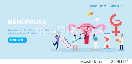 Menopause and gynecology. Women climacteric. Woman consulting with doctor about reproductive health problems. Patient treating with hormone replacement therapy. Pause button, hourglass, female organ 129003185