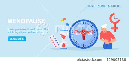 Menopause and gynecology concept. Women climacteric. Woman suffering from menstrual pain. Patient treating with hormone replacement therapy. Biological clock with female organ, hourglass 129003186