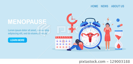 Menopause and gynecology, hormone replacement therapy. Women climacteric. Woman with menopause symptoms, including hot flushes, anxiety, low mood, headache. Character standing at her biological clock 129003188