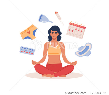 Woman sitting in lotus meditation pose in menstruation period. PMS calendar, tracker. Items for personal intimate hygiene of women. Sanitary tampon, pad, silicone reusable menstrual cup, panties 129003193