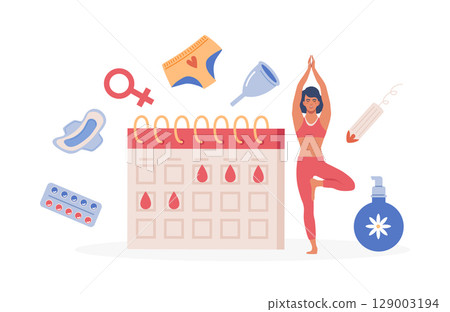 Young woman in yoga pose check dates of menstruation cycle. PMS calendar, tracker. Items for personal intimate hygiene of women. Sanitary tampon, pad, silicone reusable menstrual cup, panties 129003194