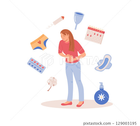 Menstruation period. Woman showing pms symptoms and menstrual pain. PMS calendar, tracker. Items for personal intimate hygiene of women. Sanitary tampon, pad, silicone reusable menstrual cup, panties 129003195