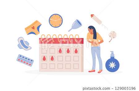 Menstruation period. Young woman showing pms symptoms and menstrual pain. Set of feminine hygiene goods. Sanitary pads, tampons, menstrual cup, menstruation calendar tracker, painkillers tablets Menstruation period. Young woman showing pms symptoms and menstrual pain. Set of feminine hygiene goods. Sanitary pads, tampons, menstrual cup, menstruation calendar tracker, painkillers tablets 129003196