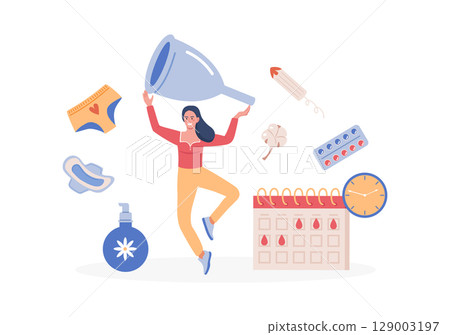 Happy woman holding silicone reusable menstrual cup. Menstrual period on calendar, pms tracker. Items for personal intimate hygiene of women. Sanitary tampon, pad, panties, intimate gel, painkiller Happy woman holding silicone reusable menstrual cup. Menstrual period on calendar, pms tracker. Items for personal intimate hygiene of women. Sanitary tampon, pad, panties, intimate gel, painkiller 129003197