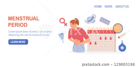 Menstruation period. Woman showing pms symptoms and menstrual pain. PMS calendar, tracker. Items for personal intimate hygiene of women. Sanitary tampon, pad, silicone reusable menstrual cup, panties 129003198
