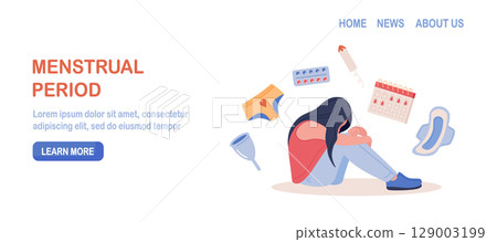Menstruation period. Woman showing pms symptoms and menstrual pain. PMS calendar, tracker. Items for personal intimate hygiene of women. Sanitary tampon, pad, silicone reusable menstrual cup, panties 129003199