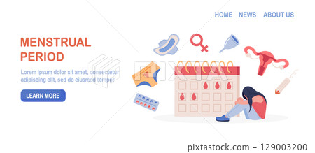 Menstruation period. Woman showing pms symptoms and menstrual pain. PMS calendar, tracker. Items for personal intimate hygiene of women. Sanitary tampon, pad, silicone reusable menstrual cup, panties 129003200