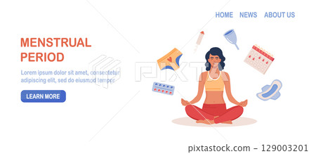 Woman sitting in lotus meditation pose in menstruation period. PMS calendar, tracker. Items for personal intimate hygiene of women. Sanitary tampon, pad, silicone reusable menstrual cup, panties 129003201