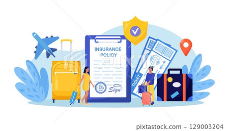 Travel Health Insurance. Life Protection and Security of Property from Damage, Accident. People Traveling with Insurance. Tourist with Luggage, Tickets in Airport. Safe Vacation and Tourism 129003204