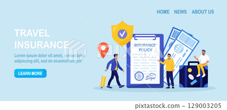 Travel Health Insurance. Life Protection and Security of Property from Damage, Accident. People Traveling with Insurance. Tourist with Luggage, Tickets in Airport. Safe Vacation and Tourism 129003205