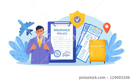 Travel Health Insurance. Life Protection and Security of Property from Damage, Accident. Man Traveling with Insurance. Tourist with Luggage, Tickets in Airport. Safe Vacation and Tourism 129003206