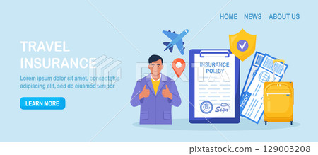 Travel Health Insurance. Life Protection and Security of Property from Damage, Accident. Man Traveling with Insurance. Tourist with Luggage, Tickets in Airport. Safe Vacation and Tourism 129003208