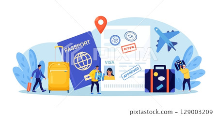 Travel abroad. International vacation or emigration procedure. Opened passport with valid visa stamps. People getting document for leaving country. Vacation trip offer. Journey and tourism concept. Travel abroad. International vacation or emigration procedure. Opened passport with valid visa stamps. People getting document for leaving country. Vacation trip offer. Journey and tourism concept. 129003209