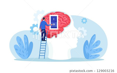 Emotional intelligence. Emotions turn on and off. Human head silhouette with emotion on or off toggle switch inside. Psychology, cognitive process. Ability to influence expressions. Brain activation 129003216