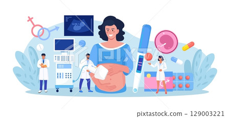 Ultrasound pregnancy screening. Embryo baby health diagnostic. Ultrasonography. Doctor making scan pregnant woman with ultrasound machine in hospital.Gynecologist doing belly sonography. Medical test 129003221
