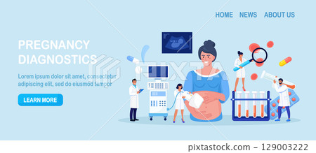 Ultrasound pregnancy screening. Embryo baby health diagnostic. Ultrasonography. Doctor making scan pregnant woman with ultrasound machine in hospital.Gynecologist doing belly sonography. Medical test 129003222