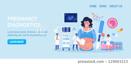 Ultrasound pregnancy screening. Embryo baby health diagnostic. Ultrasonography. Doctor making scan pregnant woman with ultrasound machine in hospital.Gynecologist doing belly sonography. Medical test Ultrasound pregnancy screening. Embryo baby health diagnostic. Ultrasonography. Doctor making scan pregnant woman with ultrasound machine in hospital.Gynecologist doing belly sonography. Medical test 129003223