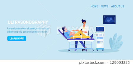 Ultrasound pregnancy screening. Embryo baby health diagnostic. Gynecologist making scan pregnant woman with ultrasound machine in hospital office. Gynecology abdomen examination, abdominal sonogram 129003225