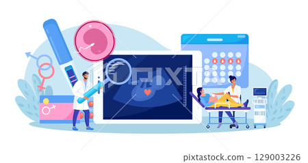 Ultrasound pregnancy screening. Embryo baby health diagnostic. Ultrasonography. Gynecologist doing belly sonography, making scan pregnant with ultrasound machine. Medical consultation by pregnancy 129003226