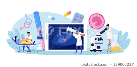 Ultrasound pregnancy screening. Embryo baby health diagnostic. Doctor making scan pregnant woman with ultrasound machine in hospital. Gynecologist doing belly ultrasonography exam. Baby health check Ultrasound pregnancy screening. Embryo baby health diagnostic. Doctor making scan pregnant woman with ultrasound machine in hospital. Gynecologist doing belly ultrasonography exam. Baby health check 129003227