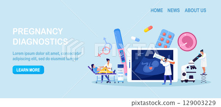 Ultrasound pregnancy screening. Embryo baby health diagnostic. Doctor making scan pregnant woman with ultrasound machine in hospital. Gynecologist doing belly ultrasonography exam. Baby health check 129003229